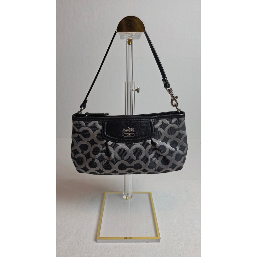 Coach Signature C Small Wristlet Shoulder Bag Black Grey Jacquard Purple Lining